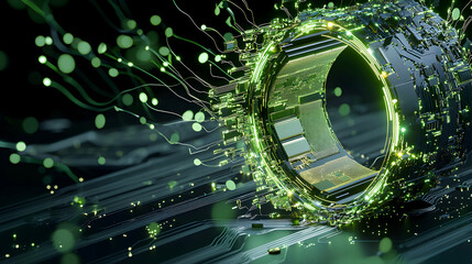 Abstract image of a circular circuit board glowing with green light. Suggests technological advancements and data flow. Ideal for tech presentations and website backgrounds.