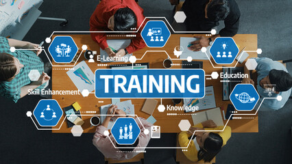 Poster - a dynamic training session featuring diverse participants engaged in e-learning and skill enhancemen