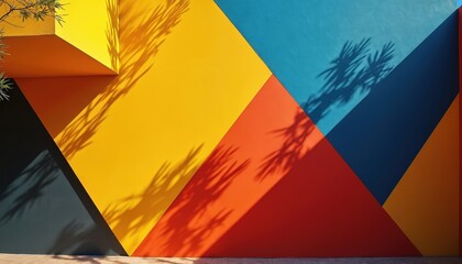 Poster - Colorful wall panel illustration with sunlight shadows. Geometric design, bright colors, exterior building element, modern art decoration, space, abstract geometry, composition.