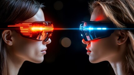 Poster - Two women wearing virtual reality goggles with red and blue lights. The goggles are on their faces and they look like they are looking at each other