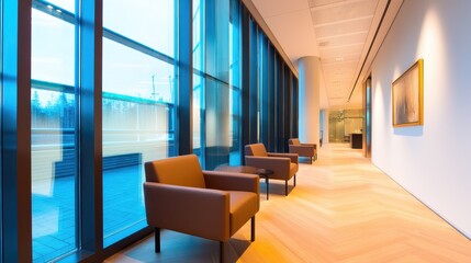Poster - Modern office hallway featuring stylish seating and large windows with natural light