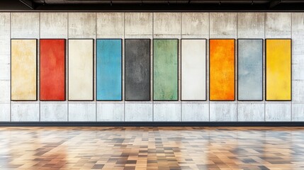 Fototapete - Wall of colorful paintings with a white background. The paintings are arranged in a row, with each one having a different color. The wall is empty, with no other objects or decorations