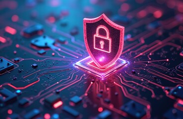 Poster - Digital security shield with lock icon protects circuit board, data center. Cyber defense, protection against cyber attacks, safe data, secure information, privacy. High-tech encryption,