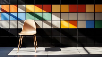 Fototapete - Wooden chair is sitting in front of a wall with colorful tiles. The chair is positioned in such a way that it casts a shadow on the wall, creating a sense of depth and dimension