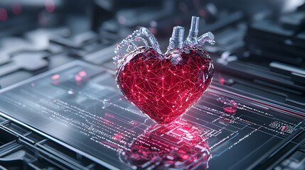 A digital heart glows with energy on a circuit board representing medical technology or data visualization. Ideal for tech innovation or healthcare.