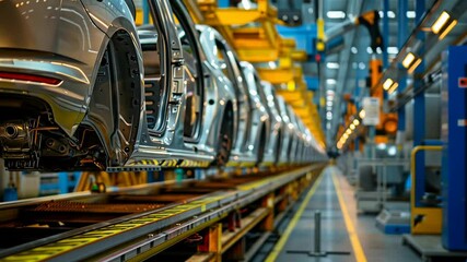 Poster - A factory assembly line features car bodies moving along a conveyor system, illustrating mass production. Industrial environment highlights automated processes, engineering in automotive manufacturing