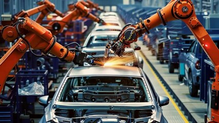 Poster - Vibrant image depicts automated car production where robotic arms weld car bodies. It highlights modern factory processes, emphasizing efficiency, cutting-edge technology in automotive manufacturing