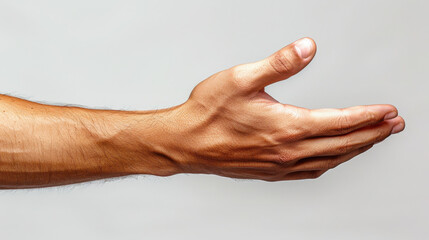 a male arm highlighting the inner part of the forearm with the hand open, empty white flat backgroun