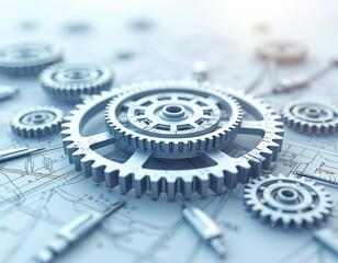 Poster - Complex mechanical gear system, representing tech innovation and automation. Interconnected gears on blueprint. Blue color palette, engineering design, precision mechanism, tech background.