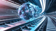 © Mblayu - A futuristic train powered by digital data travels through a tunnel representing high-speed data transfer and connectivity using technology. Ideal for tech companies.