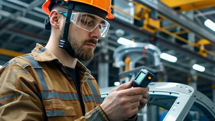 Poster - close up of a factory employee with hard hat and protective eye wear. man holds a device with a scre