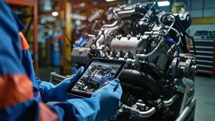 Poster - a mechanic, clad in a blue work uniform with orange accents, meticulously inspects a complex engine 