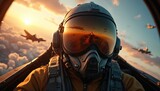 Fighter pilot in cockpit during sunset. Aircraft reflections on helmet visor. Modern military tech, air combat mission. Fighter jets fly on background, epic sky. Generative AI art.