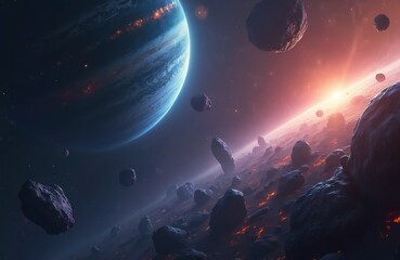Poster - futuristic space illustration with planets gas giant, asteroids, stars, deep cosmos. cosmic landscap