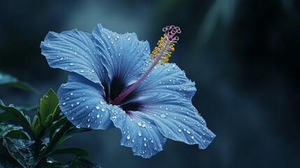Poster - An artistic view of a blue hibiscus flower with droplets of water on its petals, showcasing the rich colors and textures enhanced by the glistening moisture.