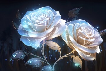 Poster - 青と金色の光を放つ2つのバラのイラスト 暗い背景に輝く葉と花の装飾