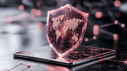 Digital security concept: a glowing shield with a world map design. It's protecting a tablet representing global data protection. Suggests network safety and online privacy.