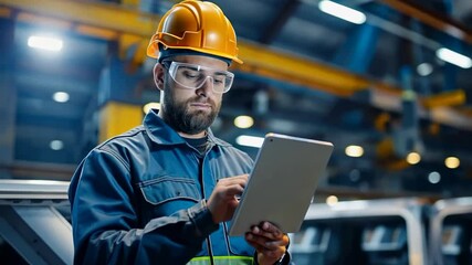 Poster - a manufacturing plant worker uses a tablet in a facility setting, wearing a safety helmet and protec