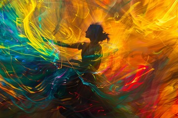 Poster - a silhouette of a woman dancing, surrounded by colorful light trails, vibrant colors depicting a wom