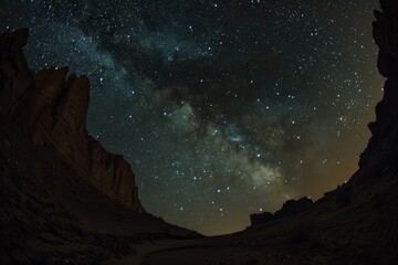 Wall Mural - a view of the milky way galaxy over a dark mountain silhouette, a starry night sky with a twinkling 