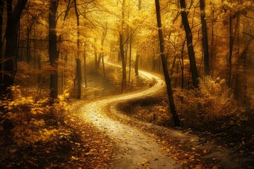 Poster - A winding path through a forest with golden leaves in autumn, A winding path through a golden-hued forest