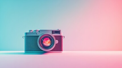 Poster - Retro camera on a pink and blue gradient background evoking nostalgia and creativity in a studio shot with a vibrant color palette