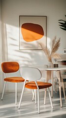 Poster - Minimalist, japandi home interior design of modern living room. Bright room with bold orange, white and terra cotta cushioned chairs, clean white table and abstract decor elements