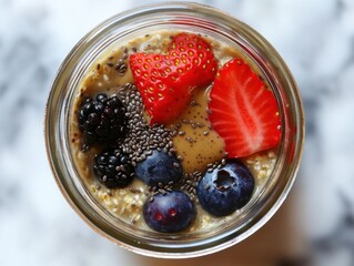 Poster - Delicious overnight oats with fresh berries and chia seeds in a glass jar healthy breakfast idea