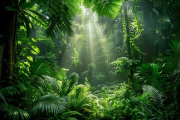 Aufkleber - Sunlight filters through lush rainforest canopy, creating patterns of light and shadow on the forest floor, Lush green forest with sunlight filtering through the canopy