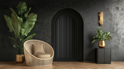 Poster - MINIMAL MODERN RATTAN CHAIR WITH PLANT IN MODERN GOLD VASE ON BLACK TERRAZZO SIDE TABLE IN FRONT OF THE BLACK ARCHED DOOR WITH CORRUGATED WALL AND GOLD WALL LAMP ON WOOD FLOOR 3D RENDERING