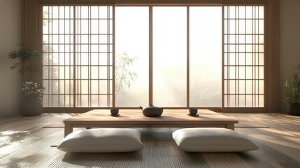 Poster - minimalistic contemporary living room design, wabi sabi japanees style