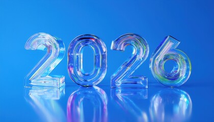 Poster - colorful 2026 transparent glass numbers with vibrant reflections for new year designs, branding, and web media