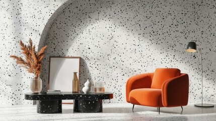 Poster - modern chic living area with curve white wall, orange armchair, black terrazzo coffee table, glass vase, plant floor lamp, empty frame and carpet interior 3d render
