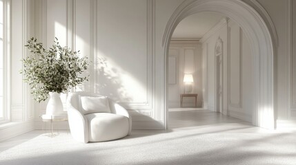 Poster - modern classic home interior living space with white fluffy armchair,plant in ceramic vase on wood side table,white carpet,ceiling lamp,white arch wall with moulding decorated 3d rendering