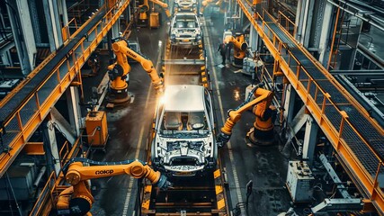 Poster - A hightech automotive assembly line is prominently showcasing advanced robotic arms and cuttingedge technology used in the manufacturing of vehicles, exemplifying the future of this industry