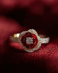 Poster - Exquisite rose ring adorned with diamonds on a luxurious velvet backdrop showcasing elegance and allure for romantic occasions