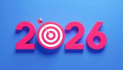 Poster - 2026 target new year with dart hitting bullseye on blue background, 3D illustration for web design, print media, and branding projects, vector style graphic