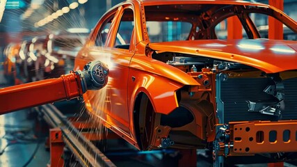 Aufkleber - A robotic arm is precisely welding an orange car chassis in a vehicle assembly plant, with other cars in production visible in the background, highlighting modern industrial automation.
