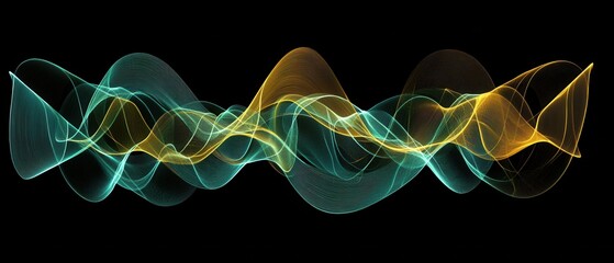Poster - Abstract wave design with flowing teal and gold lines on a black background for modern technology and artistic concepts