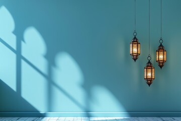 Poster - a minimalist image featuring three traditional lanterns hanging against a blue wall with a window sh