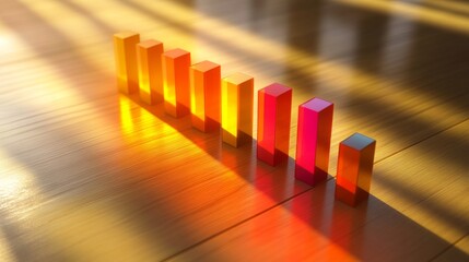 Fototapete - A clear and concise business bar graph showing comparative data between competitors, featuring vibrant colors and shadows, placed on a light wooden table for emphasis.