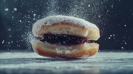 Poster - A close-up of a filled donut being cut in half, revealing its delicious jam or cream filling, with powdered sugar dusted on top for a mouthwatering effect.