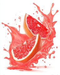 Poster - Vibrant grapefruit slices exploding in a refreshing splash of juice against a clean white backdrop creating a dynamic and appetizing visual