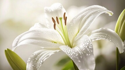 Poster - A close-up of a white lily with sparkling water droplets, showcasing the elegance of the flower and the intricate details of its petals in natural light.