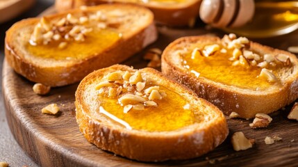 Poster - A close-up of honey toast with melted butter and a drizzle of honey, garnished with crushed nuts and served on a wooden platter, creating a warm and inviting feel.