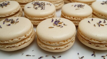 Poster - A close-up of lavender-flavored macarons, neatly arranged on a white marble plate, with dried lavender flowers scattered around for a soft, aromatic feel.