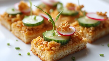 Poster - A close-up of toasted bread with a crispy edge, topped with a savory spread, sliced cucumbers, and radishes, arranged beautifully on a white plate for a healthy snack.