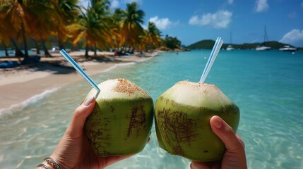 Poster - Two hands hold green coconuts with straws, enjoying refreshing drinks on a warm beach. Palm trees sway gently in the breeze under a bright blue sky, creating a perfect tropical vibe