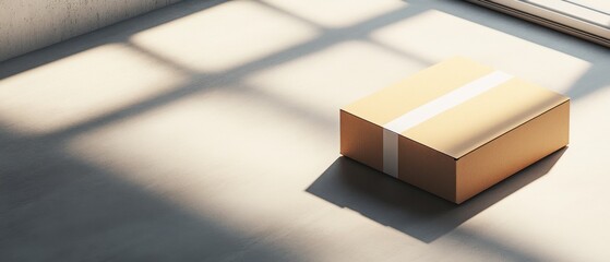 Poster - Cardboard box in sunlit room casting shadows on the floor creating a sense of mystery and anticipation with a minimalist aesthetic and soft lighting