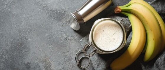 Poster - Delicious banana smoothie in glass jar with shaker on gray background for healthy breakfast nutrition